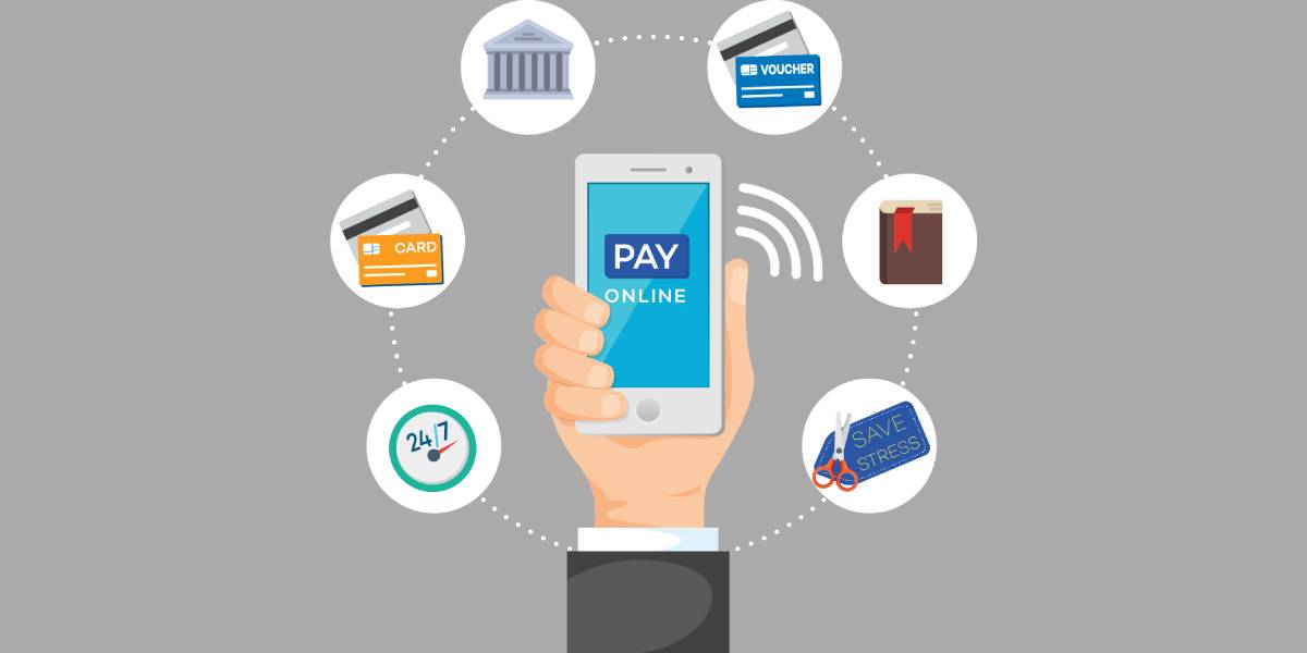 Hand holding phone, surrounded by cards, clock, book, and government